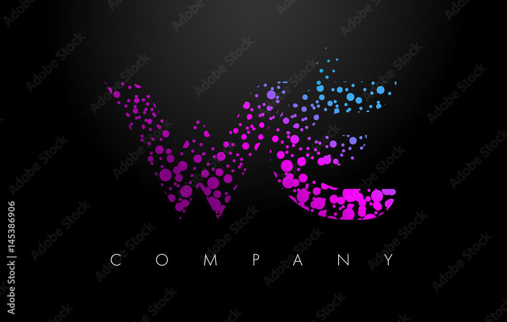 WE W E Letter Logo with Purple Particles and Bubble Dots