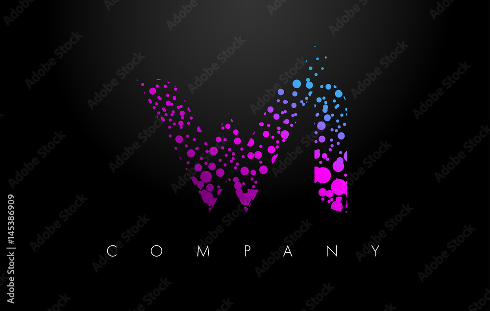 WI W I Letter Logo with Purple Particles and Bubble Dots