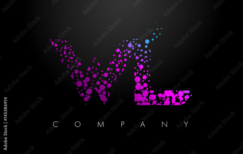 WL W L Letter Logo with Purple Particles and Bubble Dots