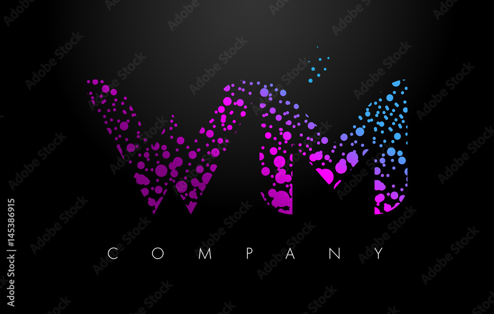 WM W M Letter Logo with Purple Particles and Bubble Dots