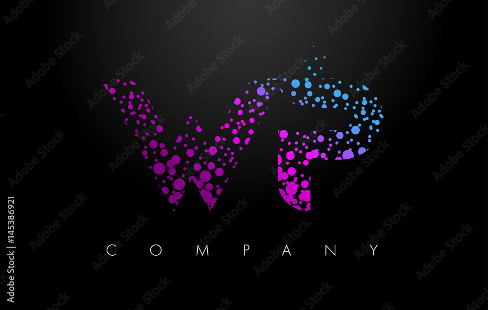 WP W P Letter Logo with Purple Particles and Bubble Dots