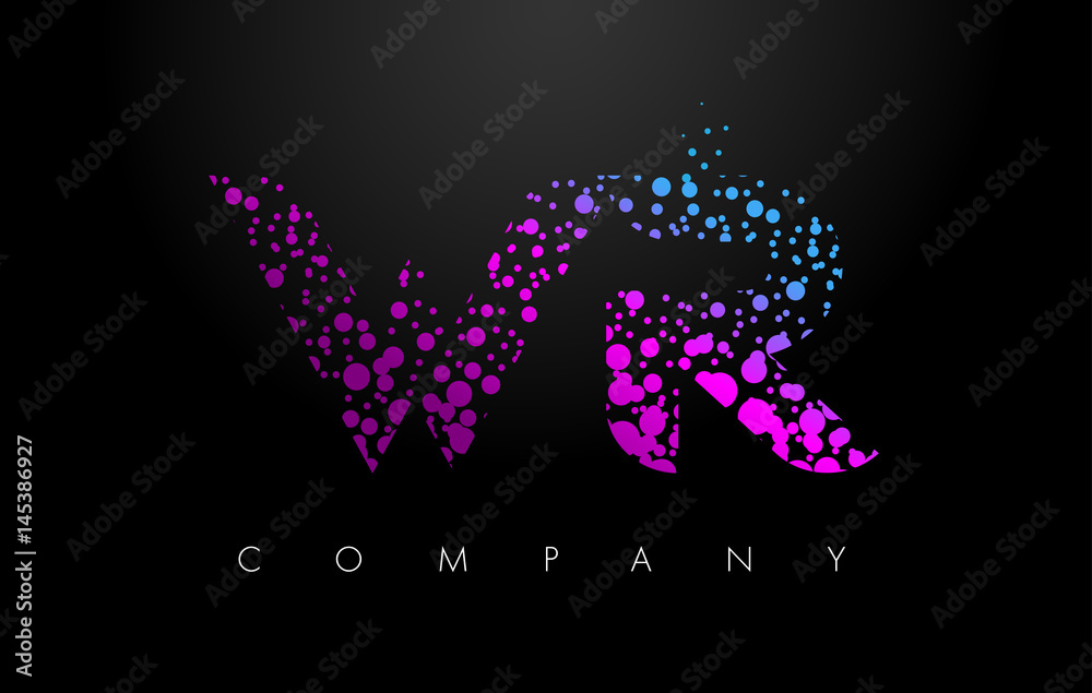 WR W R Letter Logo with Purple Particles and Bubble Dots
