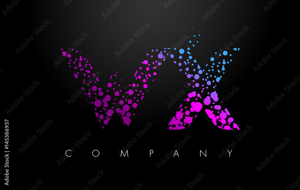 WX W X Letter Logo with Purple Particles and Bubble Dots