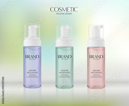 Moisturizing facial wash cosmetic products ads. Mousse nettoyante. Vector promo  sample with opaque facial cleaner in 3d illustration.