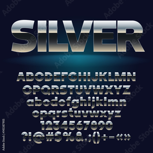 Vector set of rich silver letters, numbers and symbols. Contains graphic style