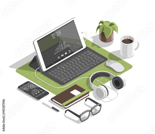Flat isometric 3d workspace concept vector. Devices set on white background. Laptop, smart phone, tablet, player, desktop computer, glasses, cup of coffee, notebook, headphones.
