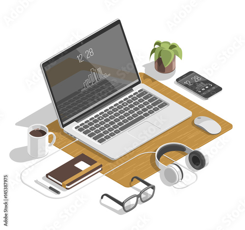 Flat isometric 3d workspace concept vector. Devices set on white background. Laptop, smart phone, tablet, player, desktop computer, glasses, cup of coffee, notebook, headphones.