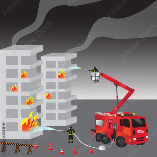 Red fire truck and fireman in uniform. Firefighters. Fire brigade and team. Rescue. Vector illustration.