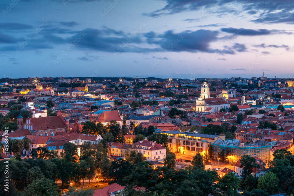 Vilnius, Lithuania. Historic Center Cityscape After Sunset. Old 