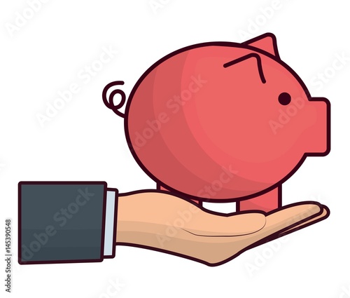 hand holding a piggy bank icon over white background. colorful design. vector illustration
