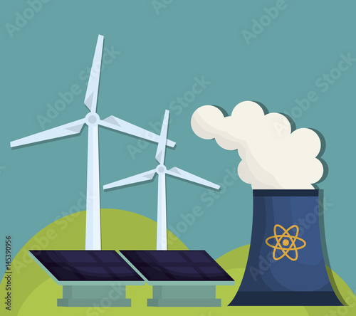 nuclear plant, solar panels and eolic wind turbines over blue background. colorful design. vector illustration