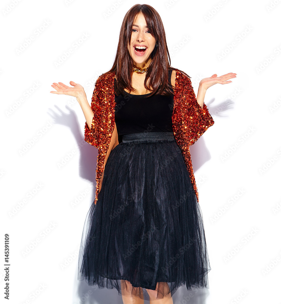 Beautiful smiling surprised hipster brunette woman model in bright modern stylish summer clothes isolated on white background Beautiful smiling surprised hipster brunette woman model in bright modern stylish summer clothes isolated on white background