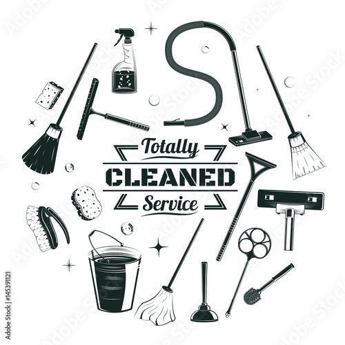 Sketch Cleaning Service Elements Round Concept