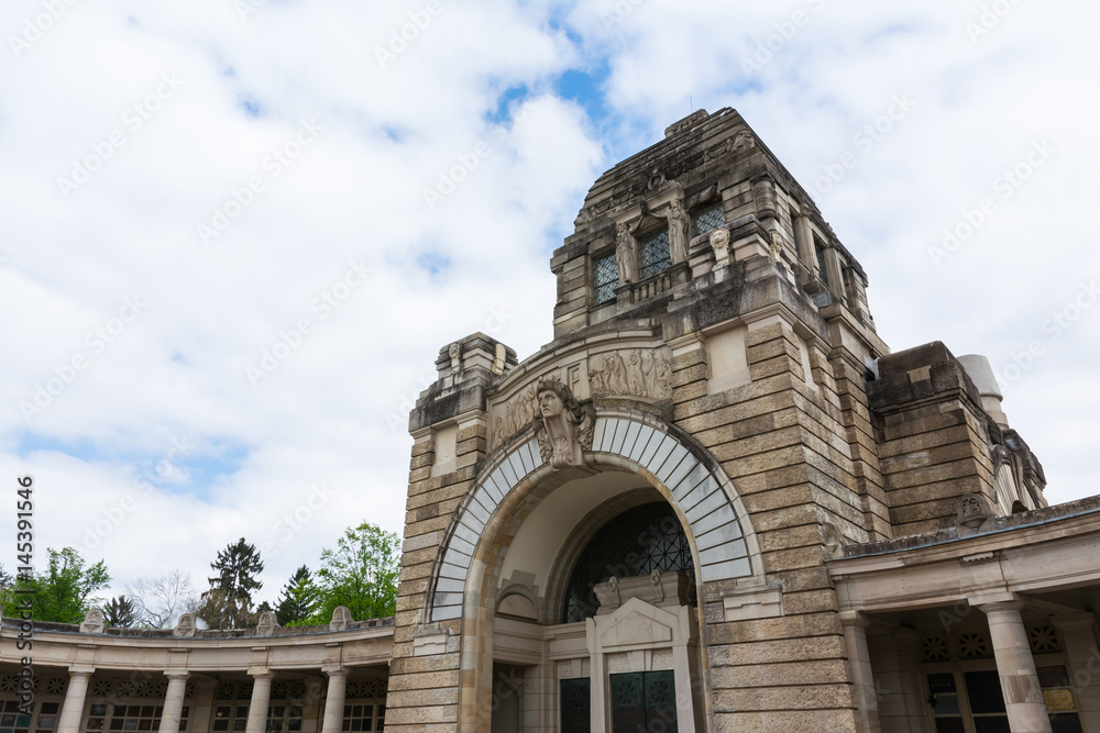 Fototapeta premium Stuttgart Germany Pragfriedhof Cemetery Feierhalle Architecture Destination Location Building European