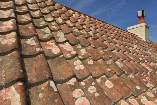 Bungalow roof, Jersey, U.K.  wide angle image of a newly renovated 19th century pantile roof keeping it traditional.