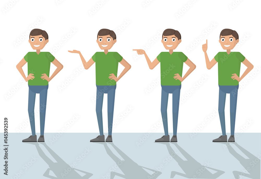 Man male person funny cartoon casual in various poses pointing with hand for use in presentations. Vector closeup flat design character color illustration isolated white background