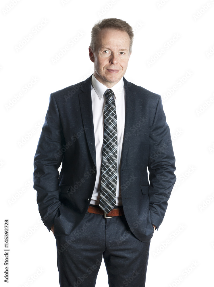Middle-aged businessman in suit isolated on white background Middle-aged businessman in suit isolated on white background