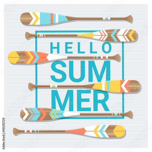 Hello summer background with painted canoe paddle , vector , illustration