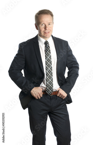 Middle-aged businessman in suit isolated on white background