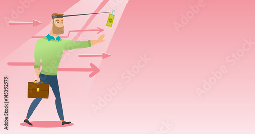 Businessman trying to catch money on fishing rod.