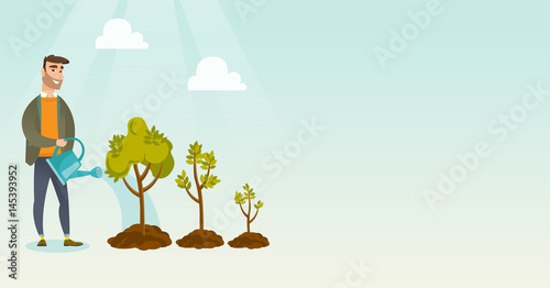 Business woman watering trees vector illustration.