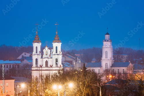 Vitebsk, Belarus. Evening Night View Of Famous Landmarks Is Church
