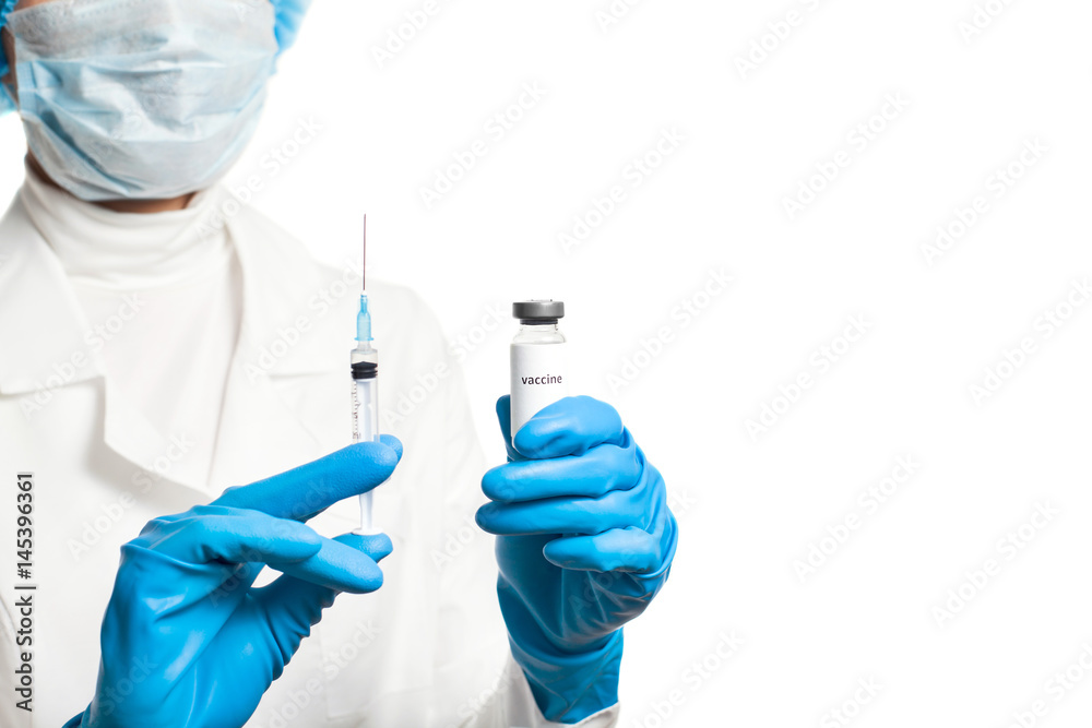 Medic holding syringe and capsule with vaccine in hand isolated on white. Vaccination. Influenza
