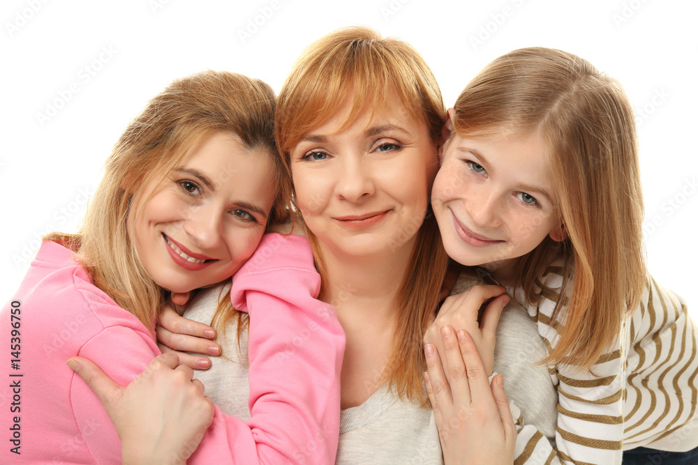 Happy young woman with her mother and daughter on white background Happy young woman with her mother and daughter on white background