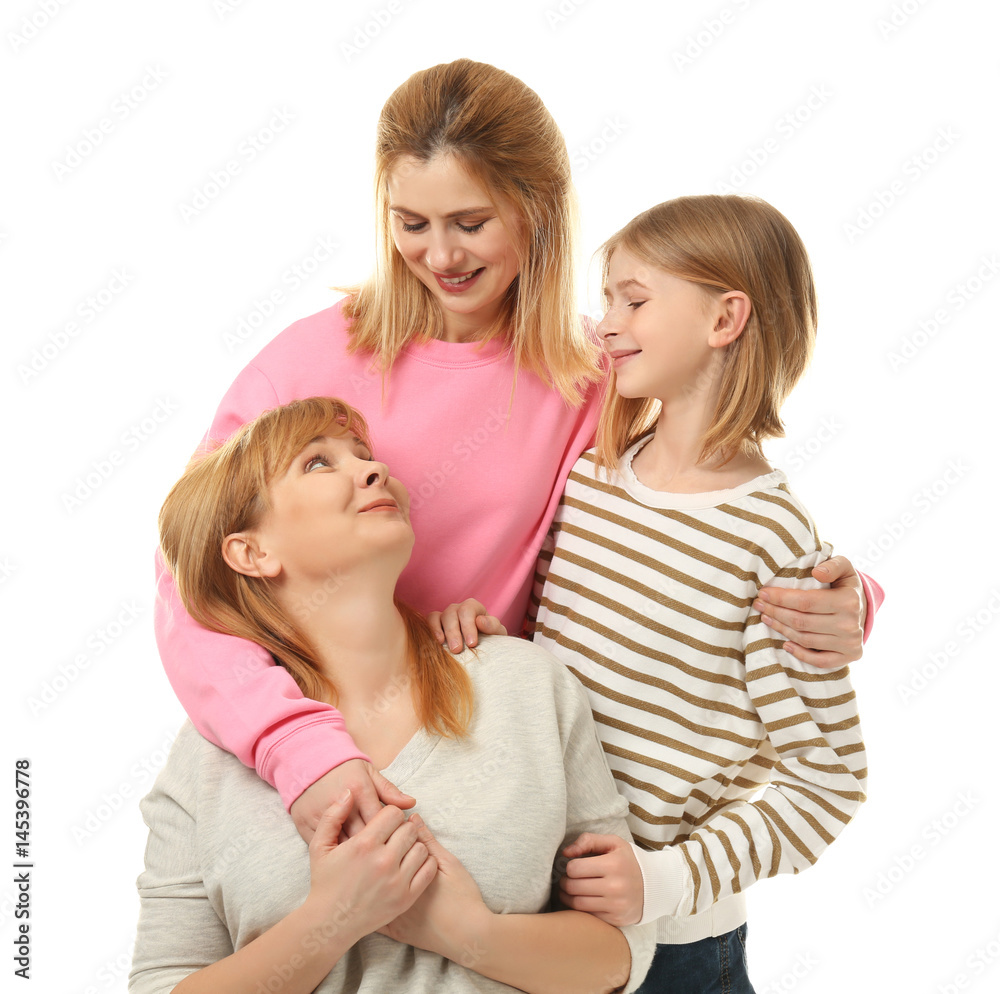 Happy young woman with her mother and daughter on white background Happy young woman with her mother and daughter on white background
