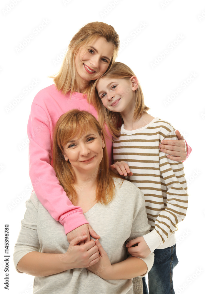 Happy young woman with her mother and daughter on white background Happy young woman with her mother and daughter on white background