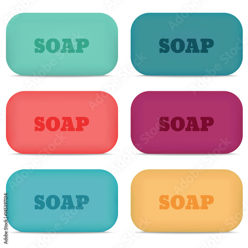 Six colored soap bars on white background. Vector illustration