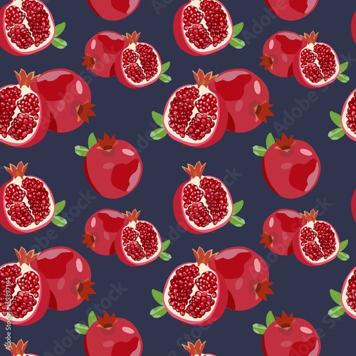 Seamless pattern with ripe pomegranate on a blue background. Vector illustration.