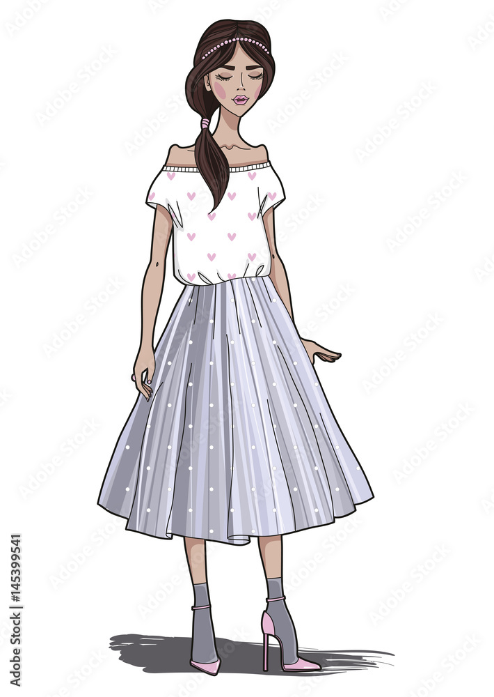 Fashion girl in grey tulle skirt. Vector illustration.