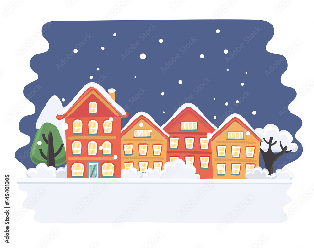 Christmas town illustration. Winter landscape. Greeting card with fairy tale houses. Snowy town at holiday eve. Vector illustration.