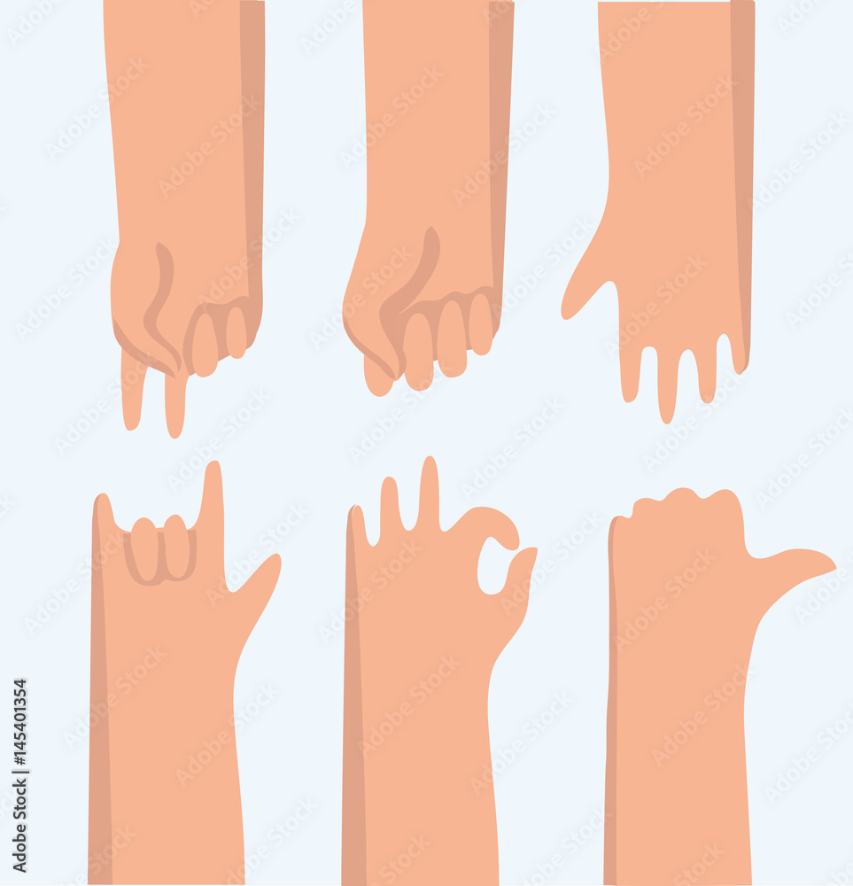 Obraz premium Set of 11 hand gestures on white. Vector illustration