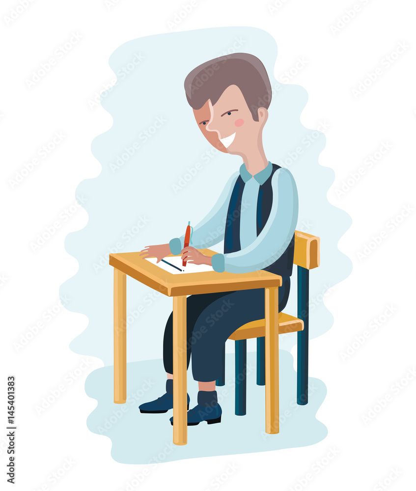 Stressed school student filling out answers to exam test answer sheet with pencil sitting at a classroom desk. Not knowing answers. Modern flat style vector illustration isolated on white background.