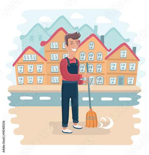 Street Sweeper at Work, street cleaner, public sector worker. Hand drawn vector illustration.