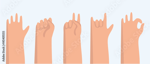 Set of 11 hand gestures on white. Vector illustration