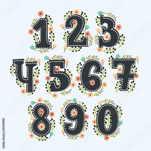 Cute floral numbers with birds. Numbers made of flowers and birds in bright colors. Zero, one, two, three, four, five, six, seven, eight, nine - signs in vector