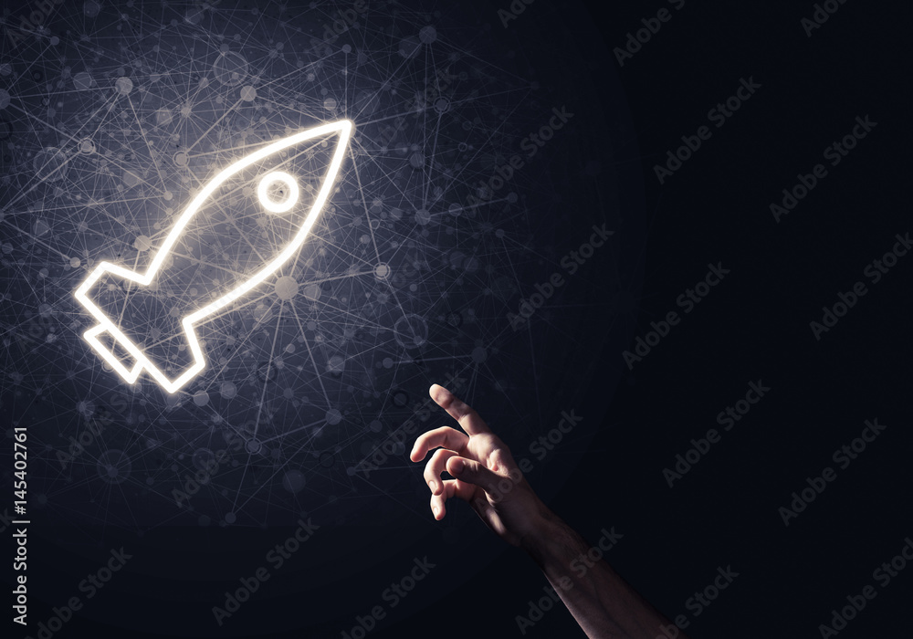 Man palm presenting Rocket web icon as technology concept Man palm presenting Rocket web icon as technology concept