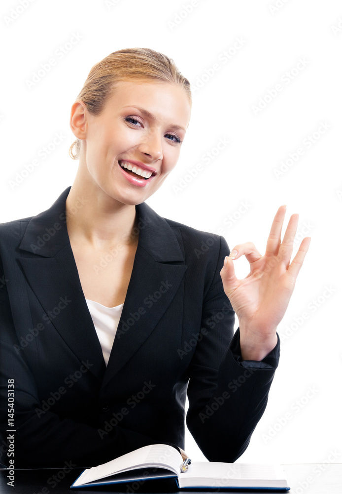 businesswoman with okay gesture, isolated businesswoman with okay gesture, isolated