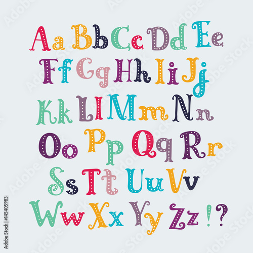 Cute typography letters set. Uppercase and lowercase characters, numbers and special symbols.