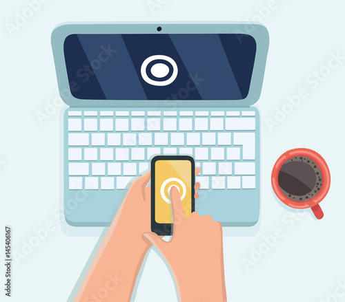 Human hand hold smart phone with sms code for log on the system on computer laptop password protected. Vector illustration computer security with two factor authentication concept.
