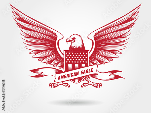 Sketched american bald eagle with shied with stars and stripes and ribbon banner. Vector eagle emblem design