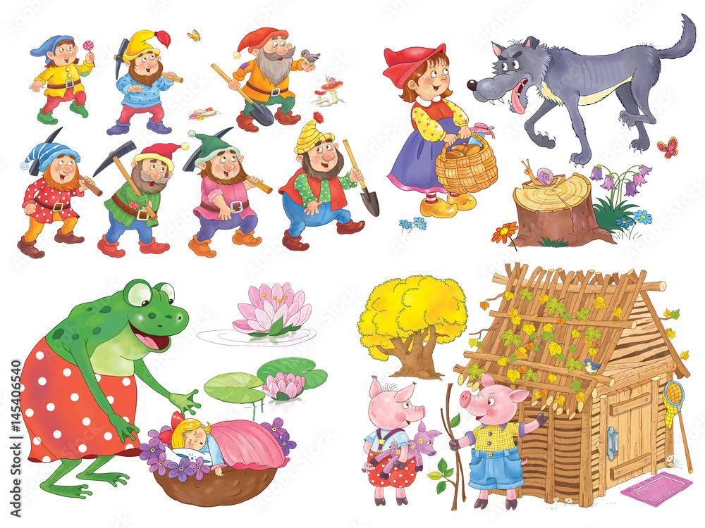 Small set of fairy tale illustrations. Snow White and seven dwarfs. Three  little pigs. Thumbelina. Coloring page. Coloring book. Cute and funny  cartoon characters Stock Illustration | Adobe Stock