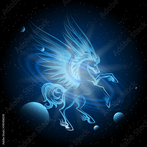 Luminous Pegasus in Space vector illustration. Pegasus on space background wth planets and stars