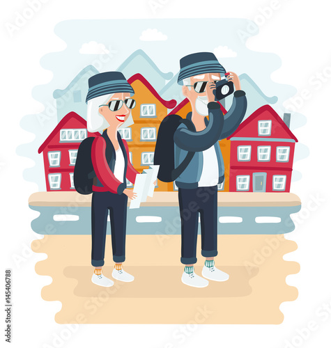 Cool vector flat character design on senior age travelers. Third age retired tourists couple standing. Grandparents having summer holidays trip. Old elderly people ready for sightseeing tour photo