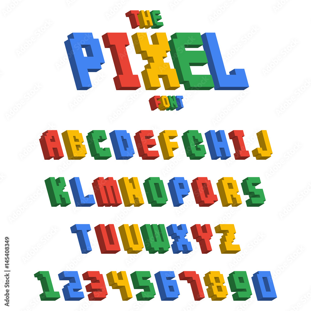 Pixel retro font video computer game design 8 bit letters numbers electronic futuristic style vector abc typeface digital creative alphabet isolated Pixel retro font video computer game design 8 bit letters numbers electronic futuristic style vector abc typeface digital creative alphabet isolated