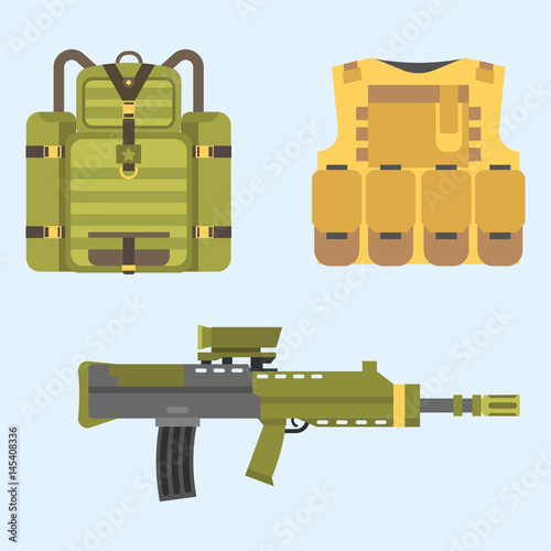 Military weapon guns armor forces american fighter ammunition camouflage sign vector illustration.