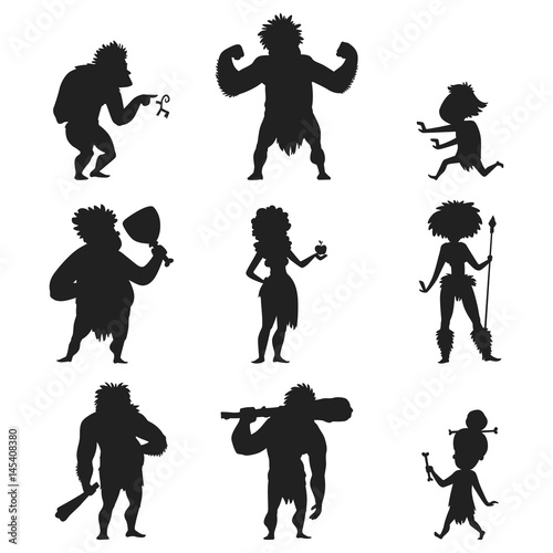 Caveman primitive stone age black silhouette people character evolution vector illustration.